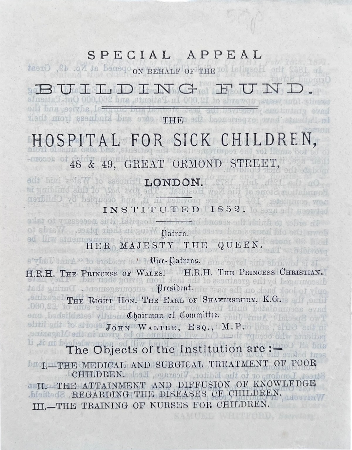 Special Appeal on Behalf of the Building Fund. The Hospital for Sick Children, 48 & 49, Great Ormond Street, London.