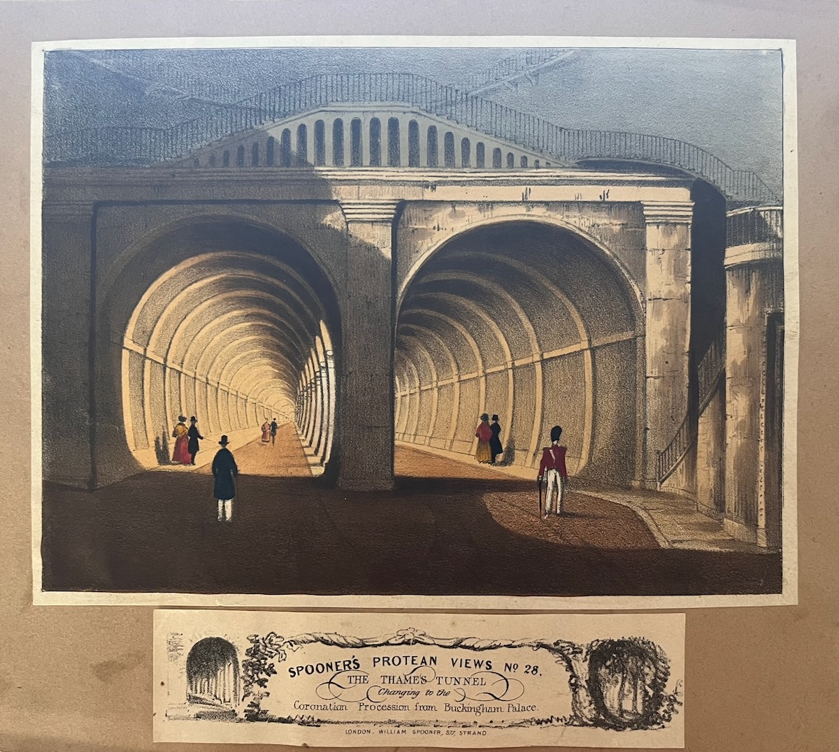 Spooner&rsquo;s Protean Views No. 28. The Thames Tunnel changing to the Coronation Procession from Buckingham Palace.
