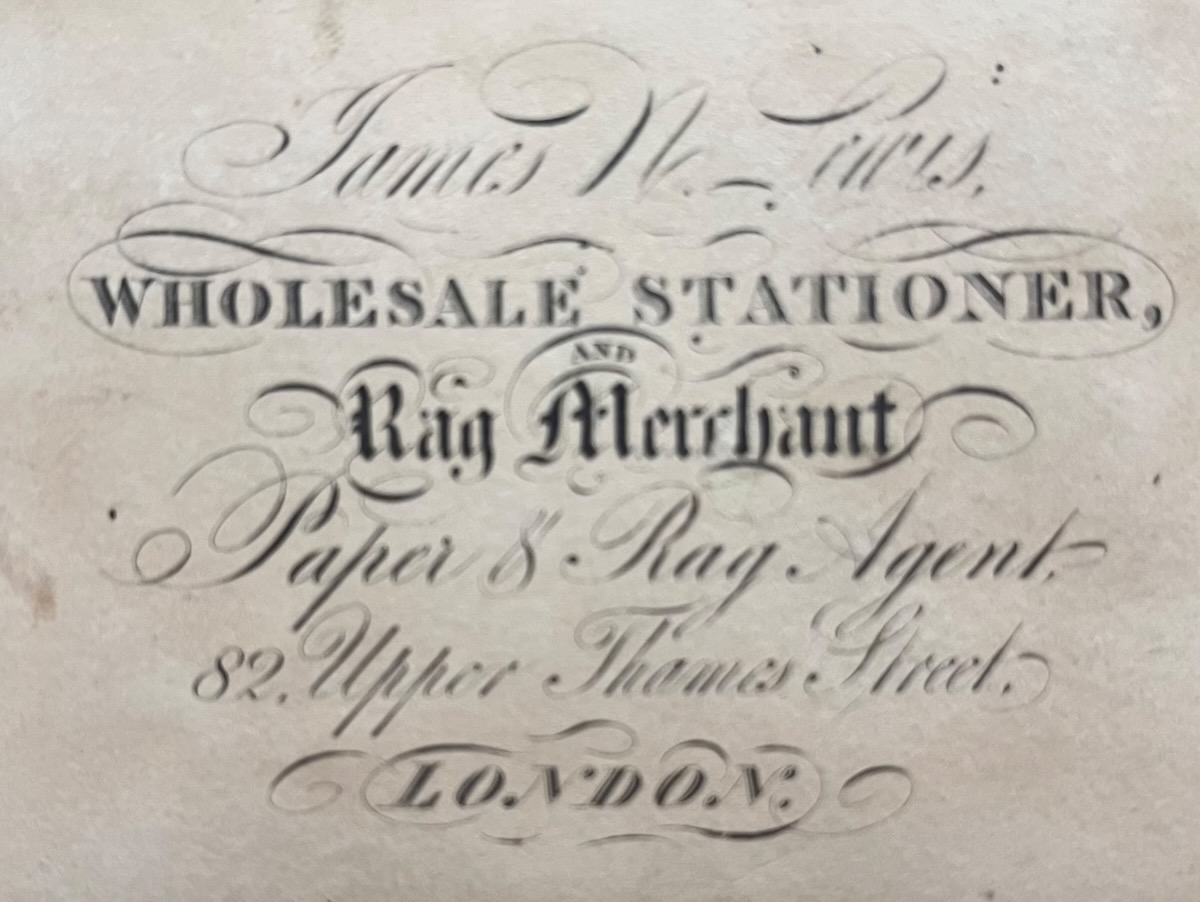 James N. Lewis, Wholesale Stationer, and Rag Merchant. Paper & Rag Agent, 82, Upper Thames Street, London.